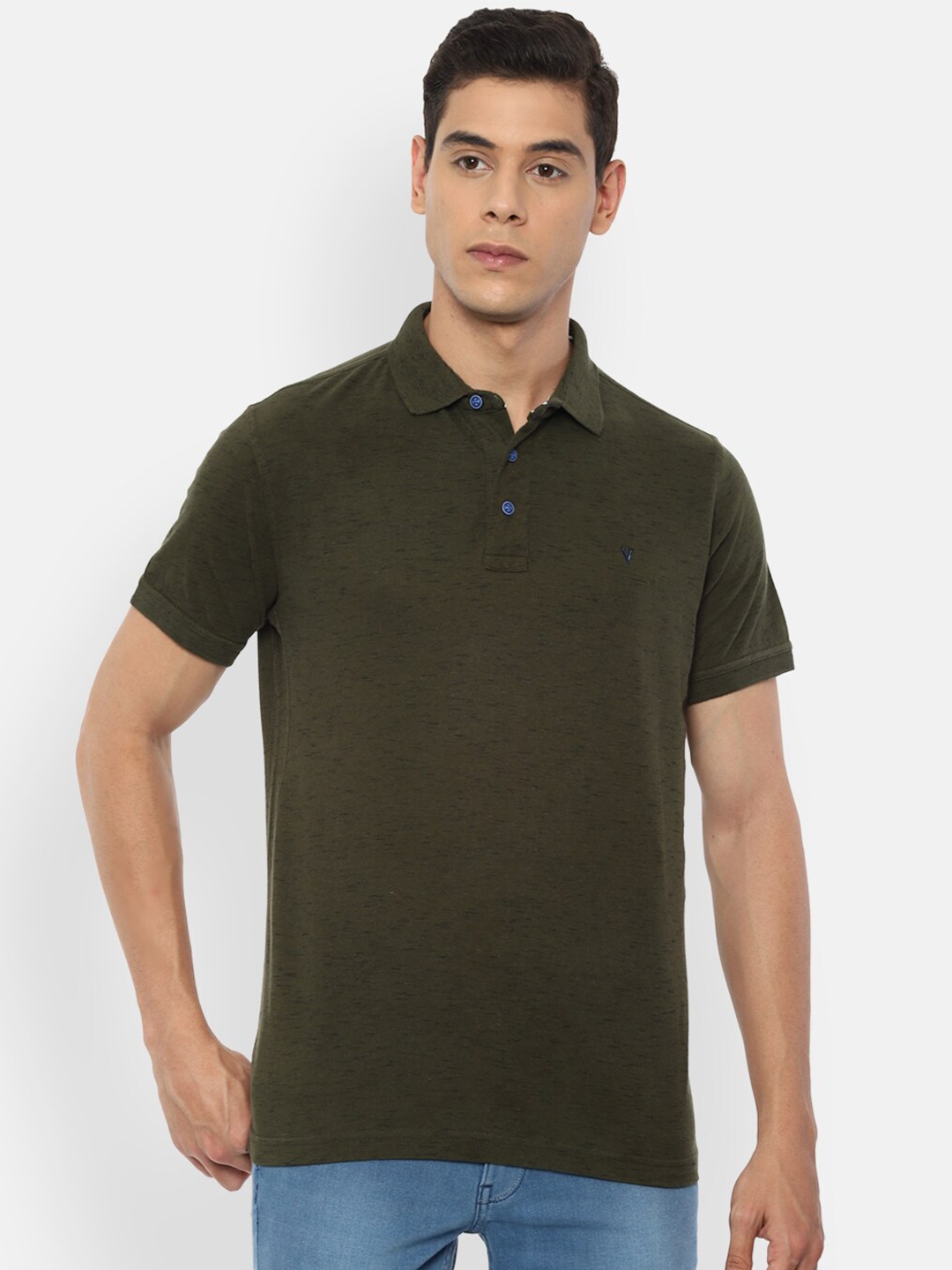 

VAN HEUSEN DENIM LABS Men Olive Green Polo Collar Cotton Pure Cotton T-shirt