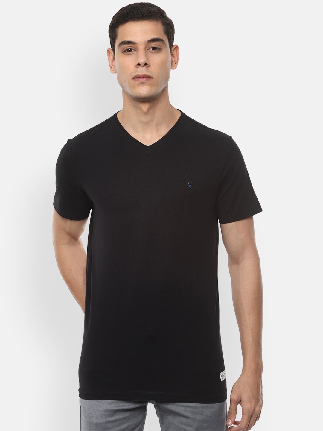 

VAN HEUSEN DENIM LABS Men Black V-Neck Cotton Pure Cotton T-shirt