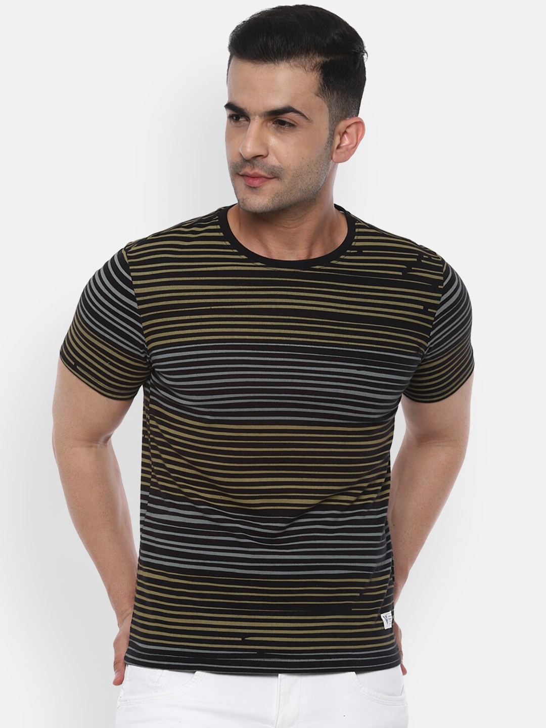 

VAN HEUSEN DENIM LABS Men Black Yellow Striped Cotton Pure Cotton T-shirt