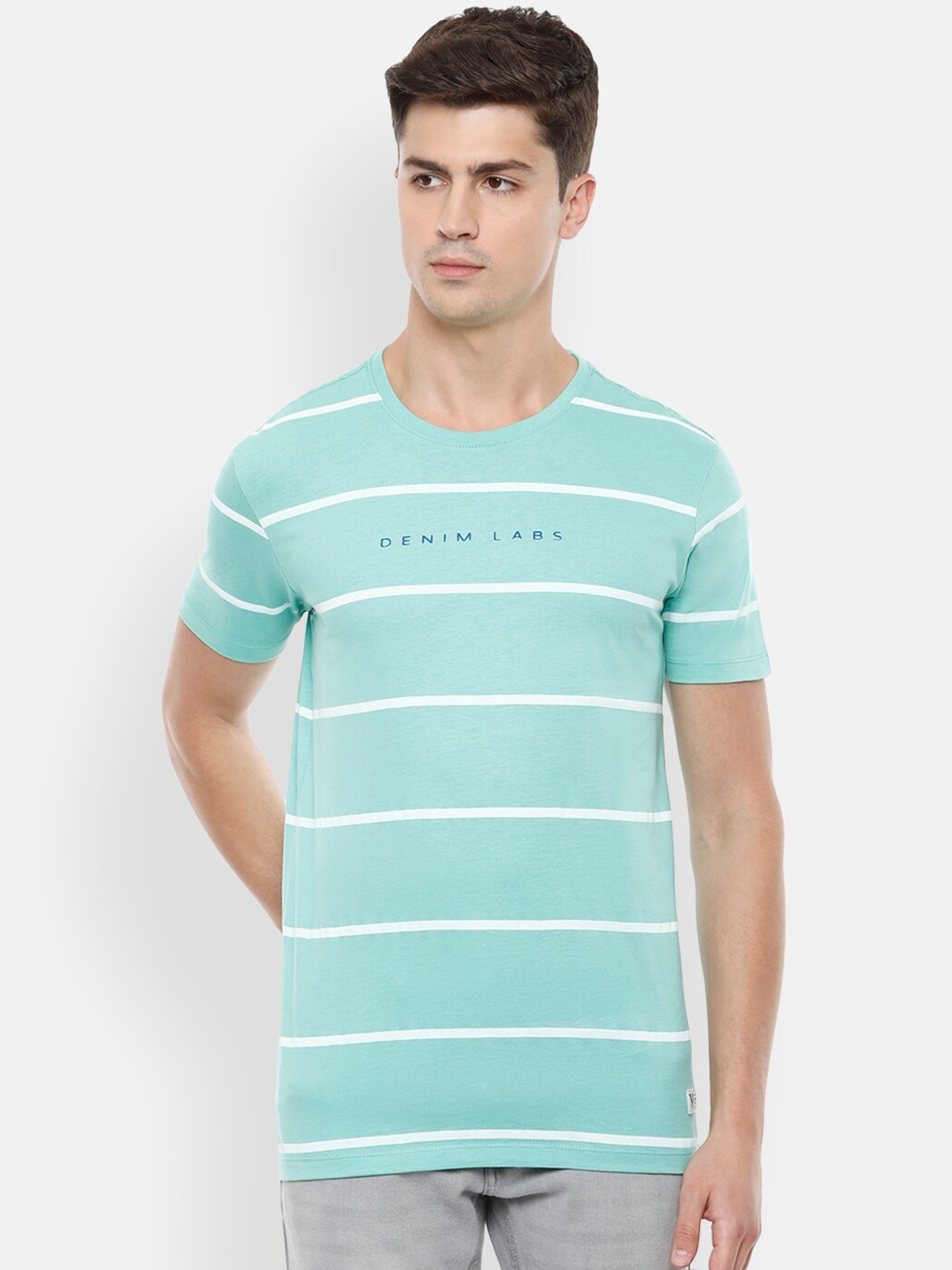 

VAN HEUSEN DENIM LABS Men Blue White Striped Cotton Pure Cotton T-shirt