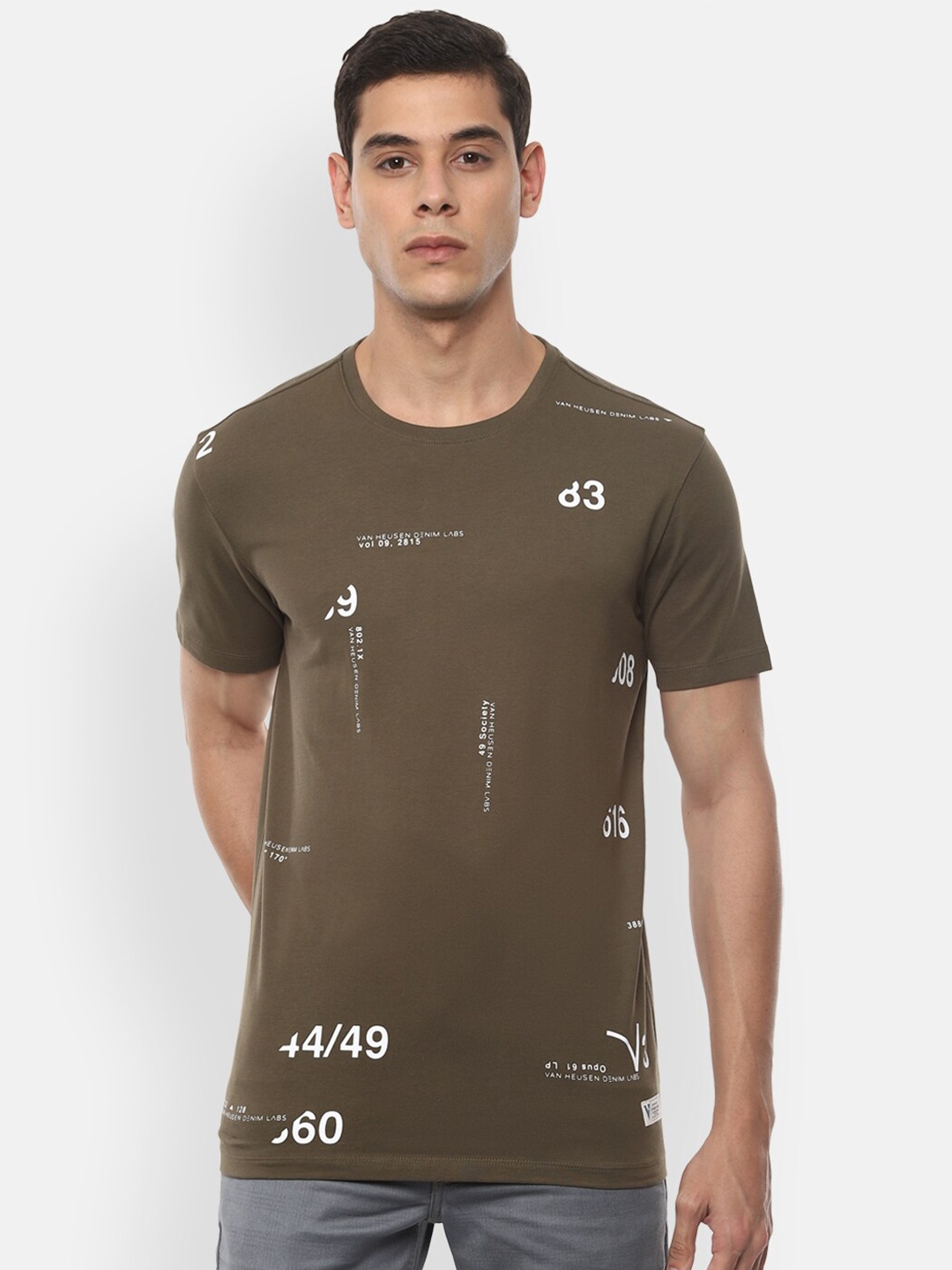

VAN HEUSEN DENIM LABS Men Olive Green White Printed Cotton Pure Cotton T-shirt