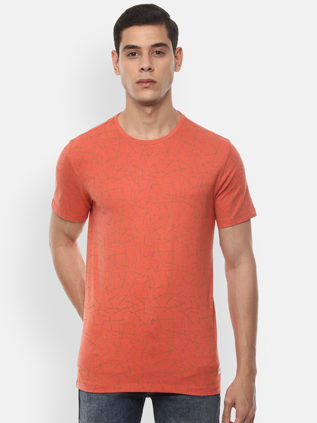 

VAN HEUSEN DENIM LABS Men Orange Green Printed Cotton Pure Cotton T-shirt