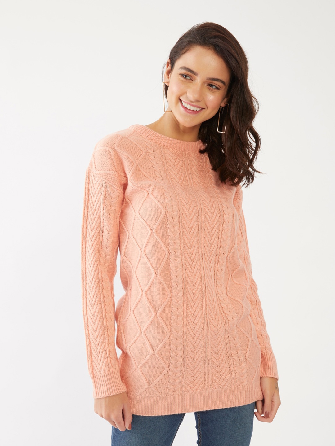 

Zink London Women Peach-Coloured Oversized Cable Knit Pullover