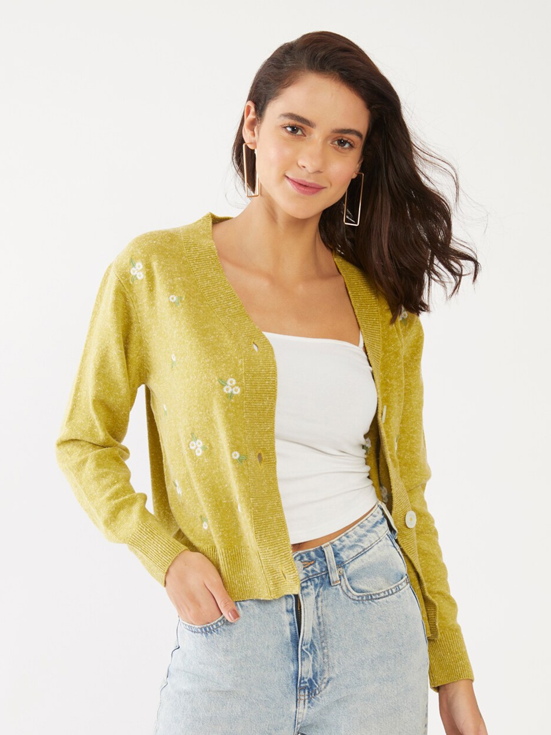 

Zink London Women Green & White Floral Embroidered Cropped Cardigan