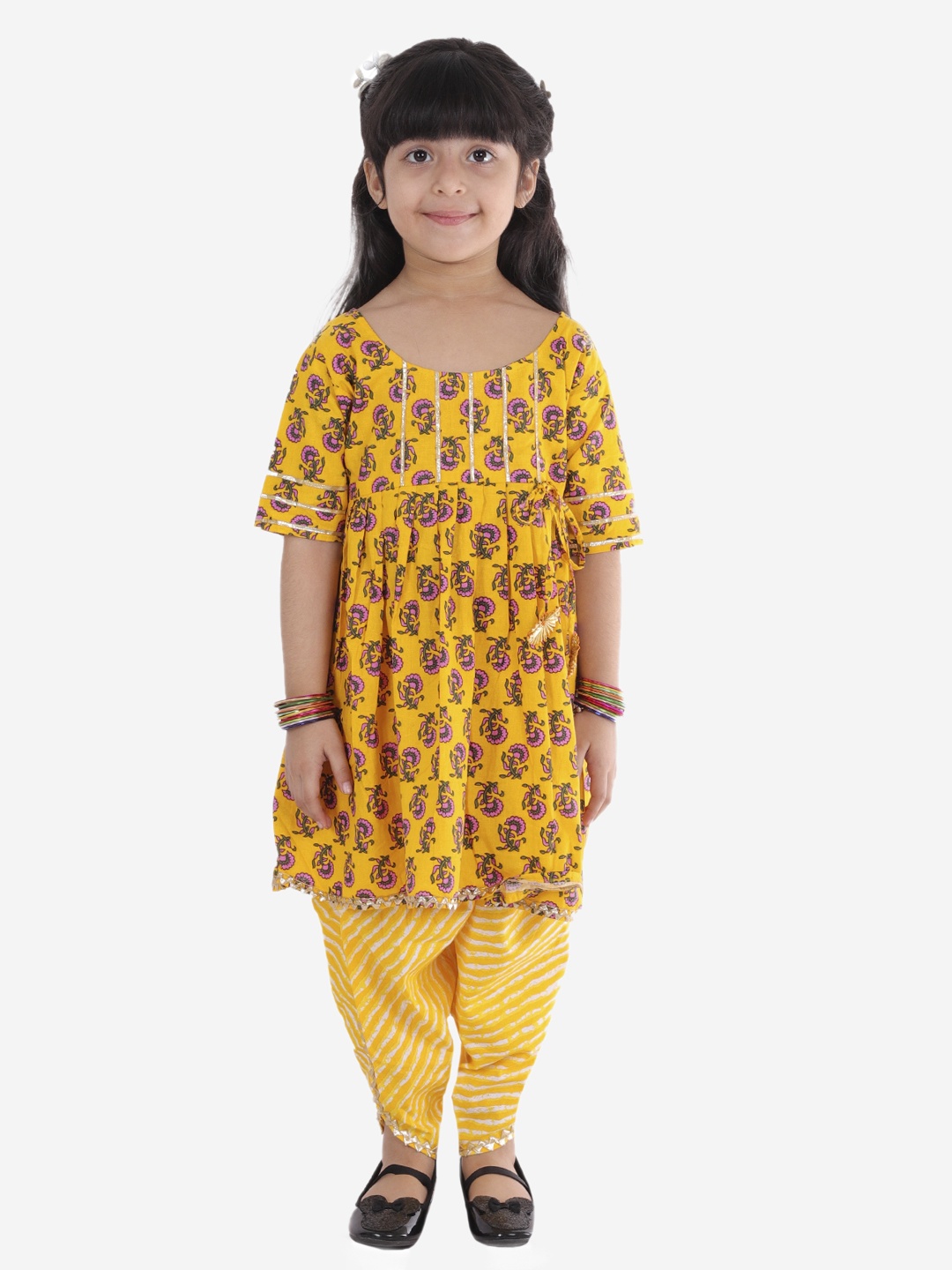 

Superminis Girls Yellow Printed Angrakha Pure Cotton Kurti with Salwar