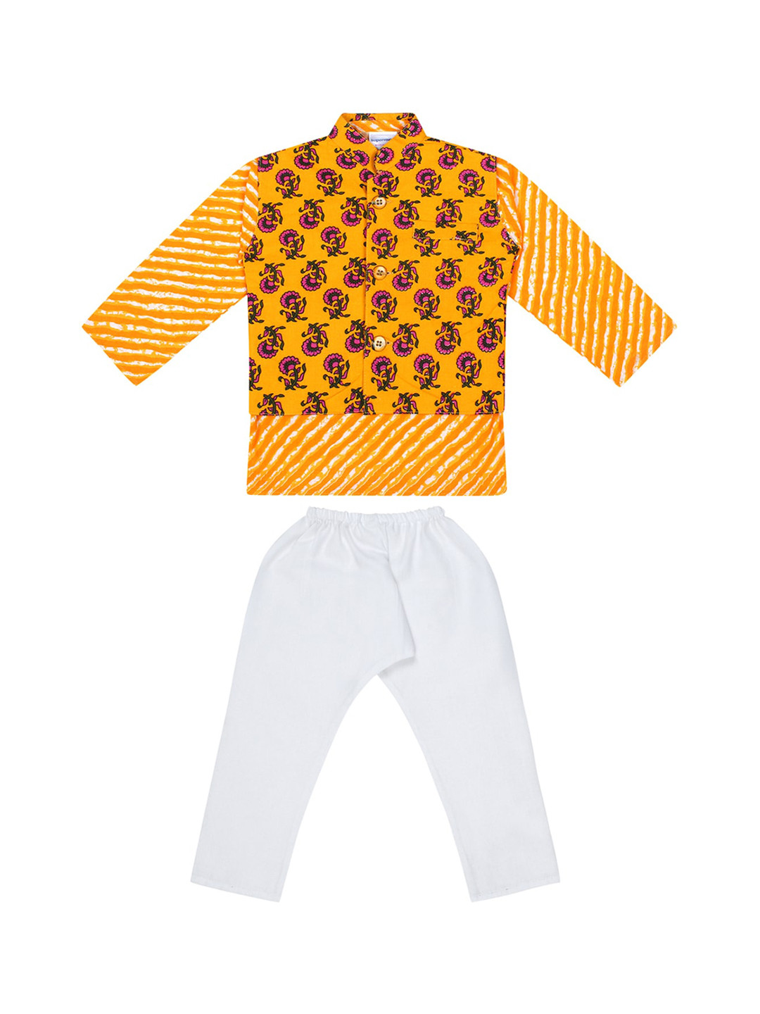 

Superminis Boys Yellow Leheriya Striped Regular Pure Cotton Kurti with Pyjamas
