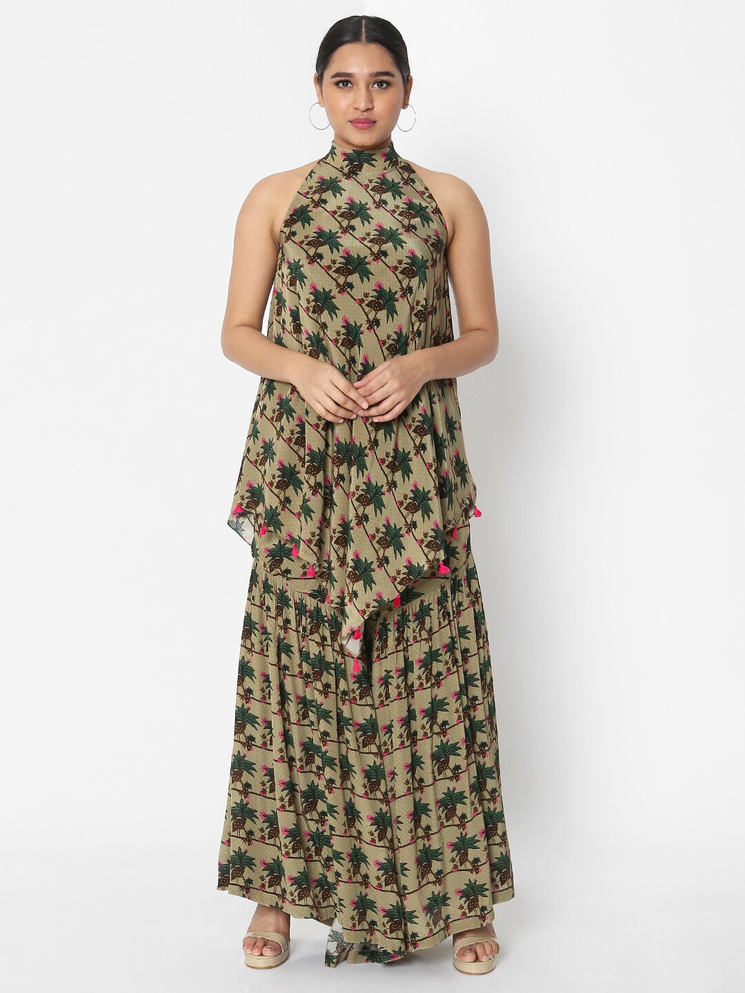 

Masaba Women Tan & Green Printed Tunic with Palazzos