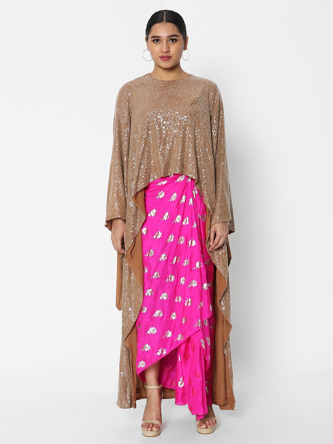 

Masaba Women Brown & Pink Printed Top with Skirt