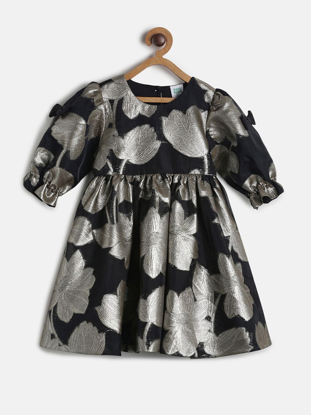 

MINI KLUB Girls Floral Self Design Puff Sleeves Fit & Flare Dress, Black