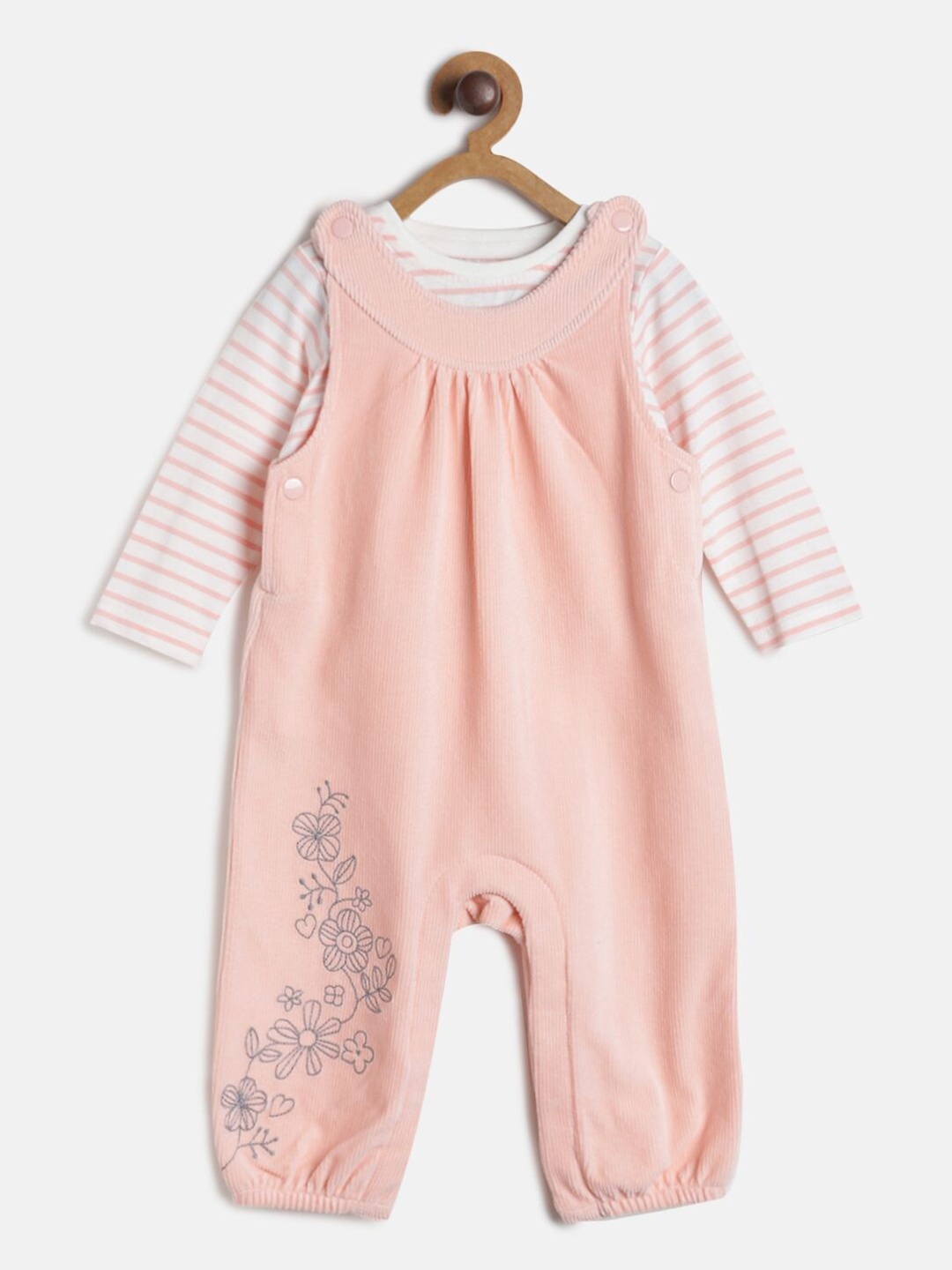 

MINI KLUB Girls Peach & Off White Striped Tshirt & Dungaree Set