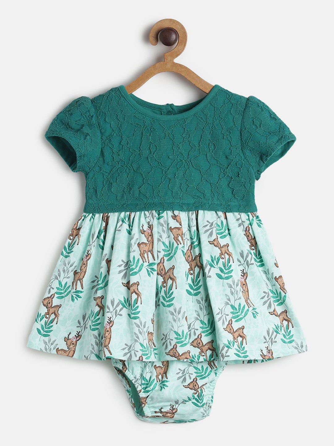 

MINI KLUB Kids-Girls Green & Brown Floral Dress with Brief & Socks