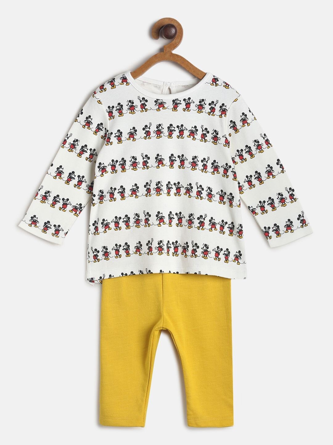 

MINI KLUB Girls White & Yellow Mickey Mouse Printed Pure Cotton Top With Pyjamas