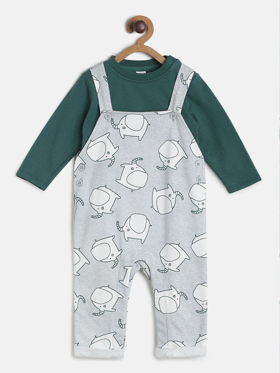 

MINI KLUB Boys Grey & Green Printed Pure cotton T-shirt With Dungaree