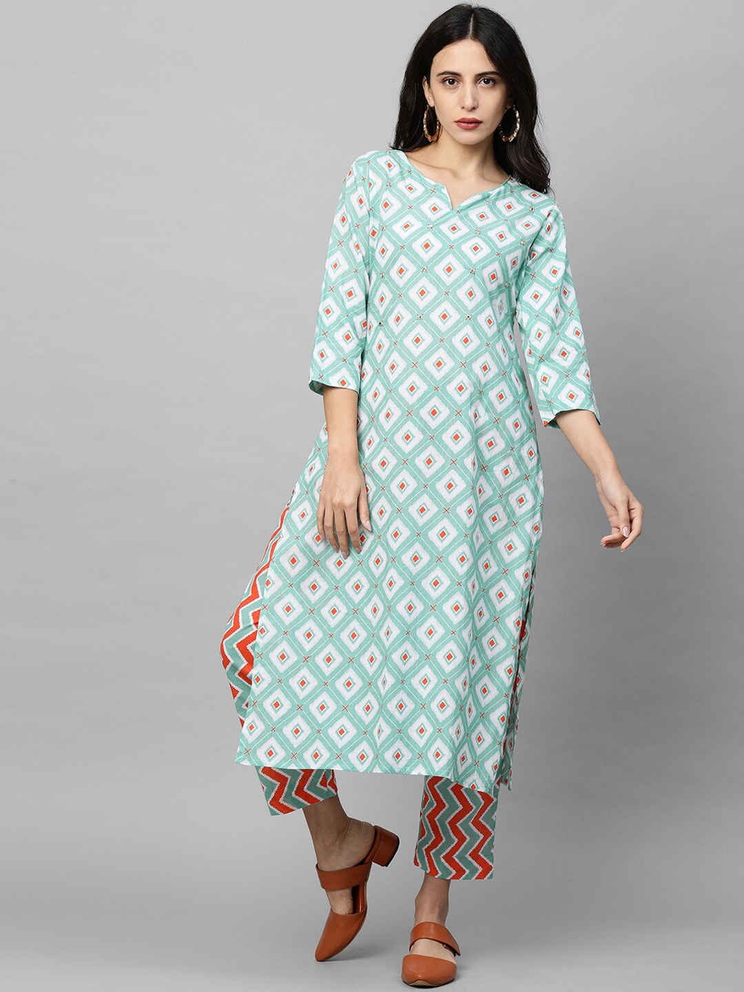 

FASHOR Women Green Ethnic Motifs Printed Regular Pure Cotton Kurta with Trousers