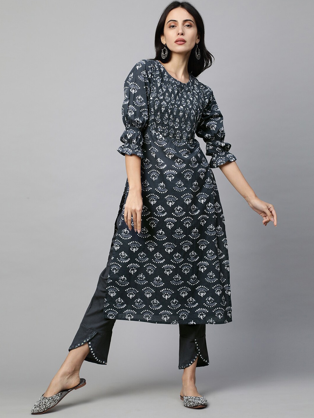 

FASHOR Women Charcoal Ethnic Motifs Printed Panelled Pure Cotton Kurta with Trousers