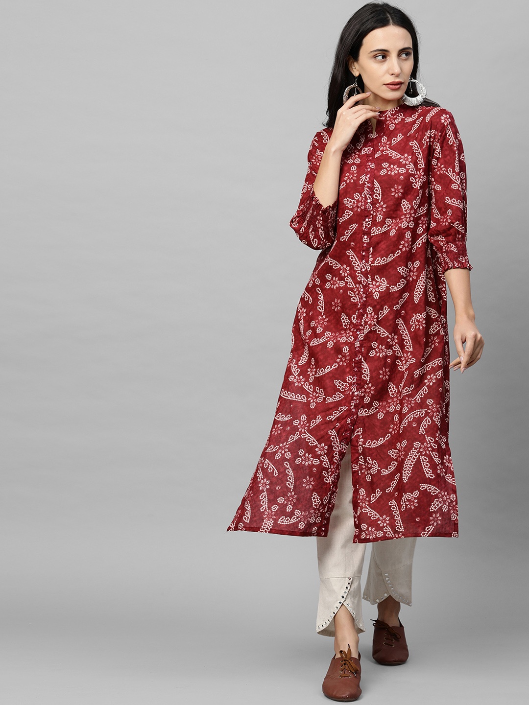 

FASHOR Women Maroon Bandhani Printed Regular Pure Cotton Kurta with Trousers