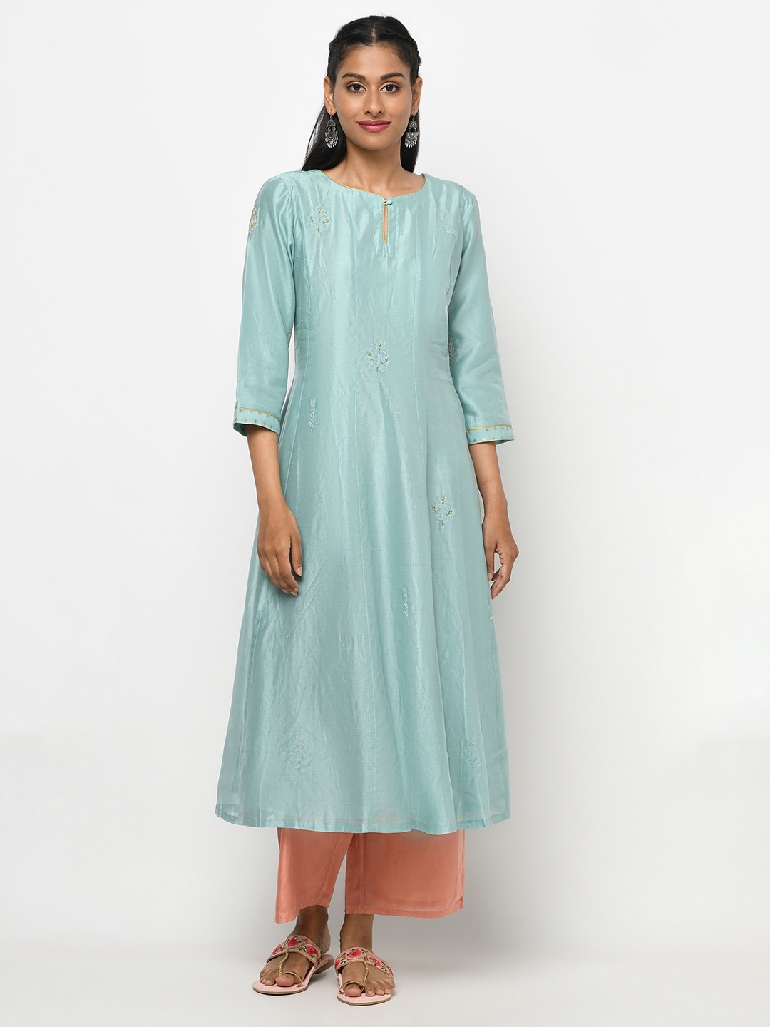 

Fabindia Women Sea Green Embroidered Detail Anarkali Kurta