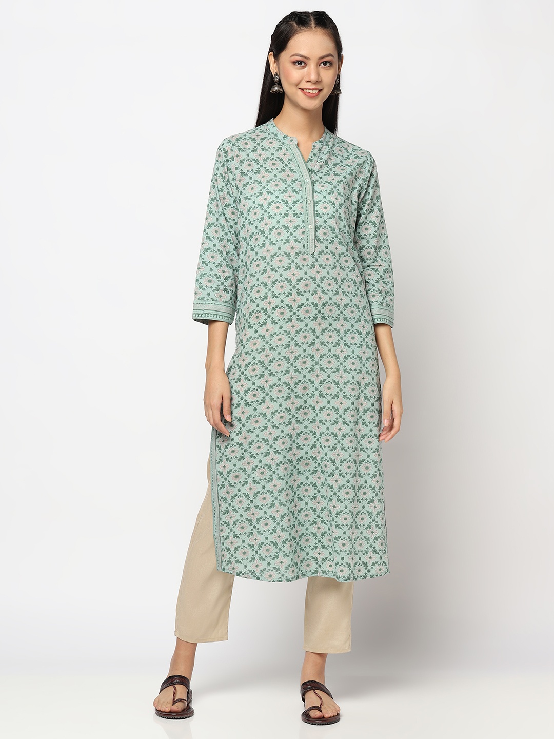 

Fabindia Women Green & Grey Ethnic Motifs Print Cotton Straight Kurta