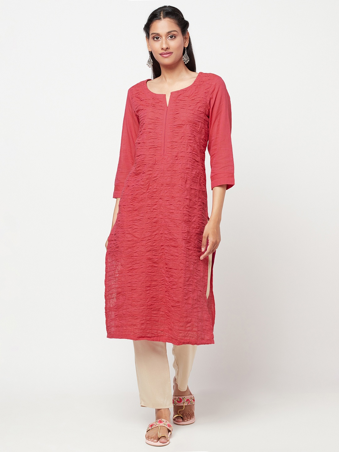 

Fabindia Women Pink Pure Cotton Ruched Straight Kurta