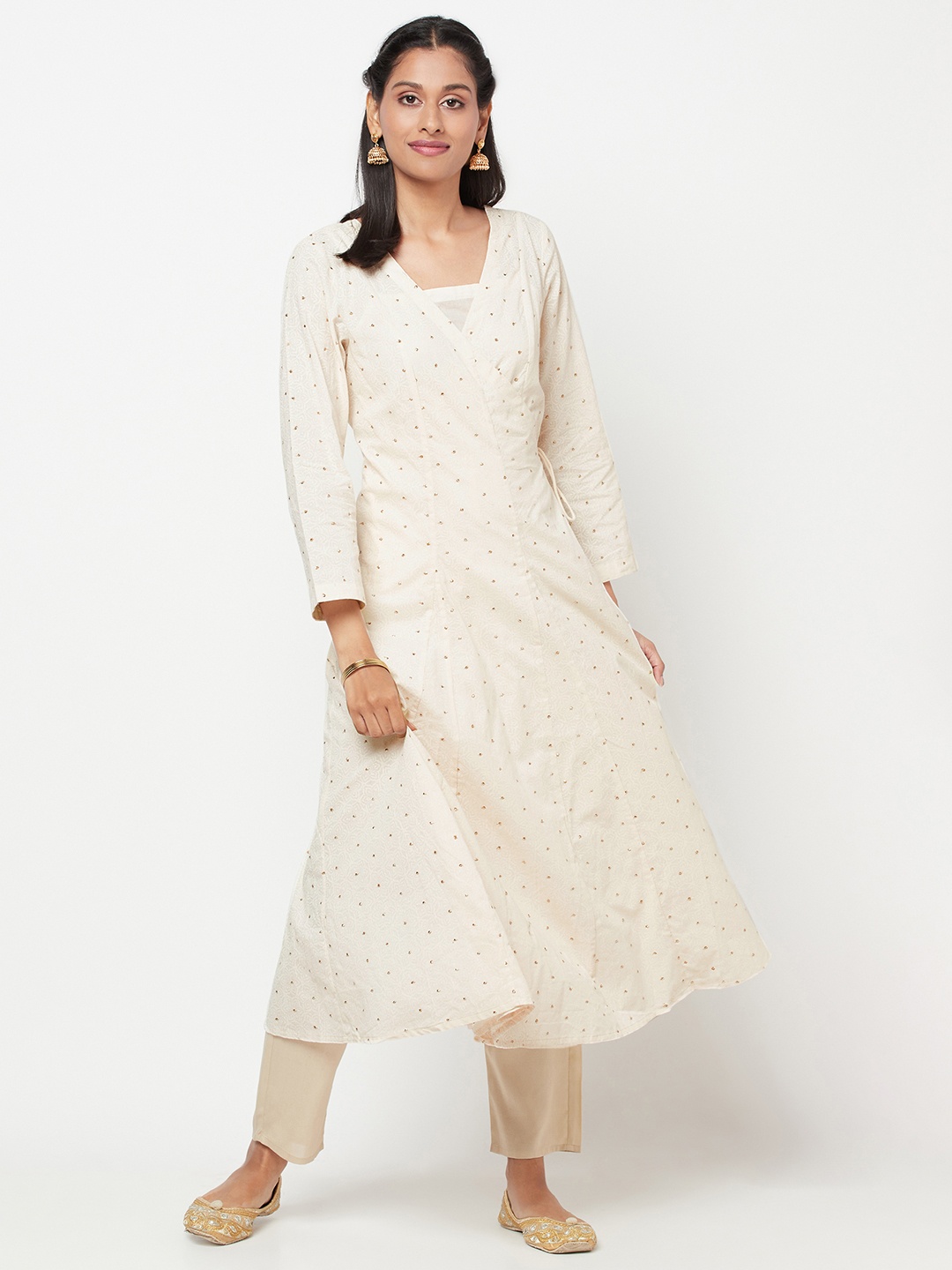 

Fabindia Women Off White & Godlen Motifs Print Cotton Mukaish Anarkali Angrakha Kurta