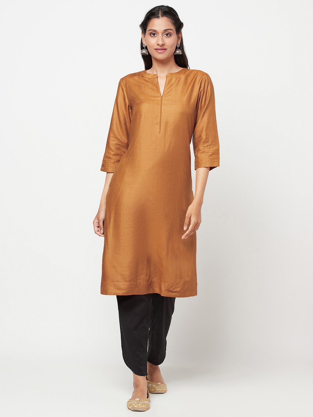 

Fabindia Women Mustard Brown Solid Silk Straight Kurta
