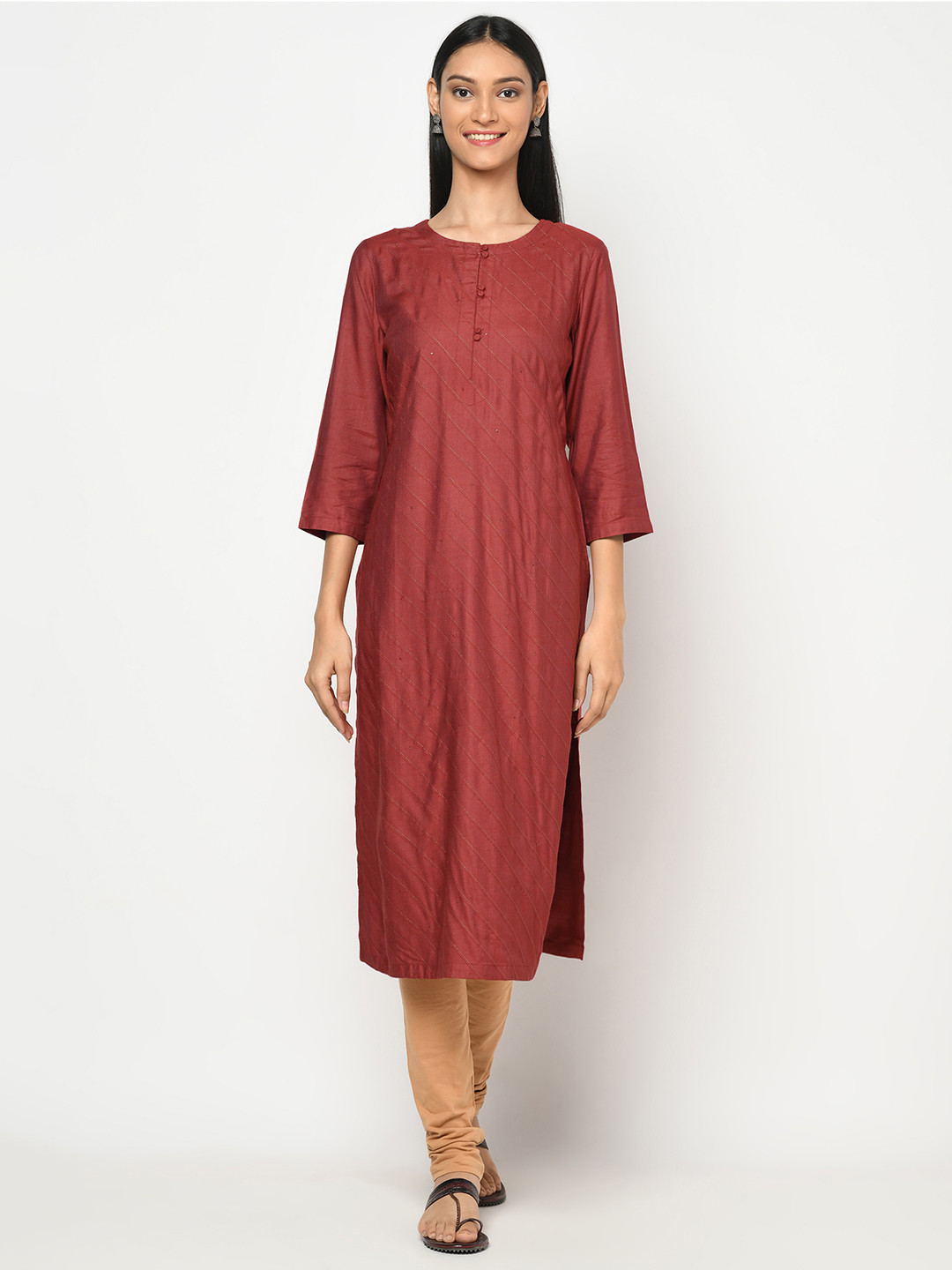 

Fabindia Women Rust Red Striped Slim Fit Straight Kurta