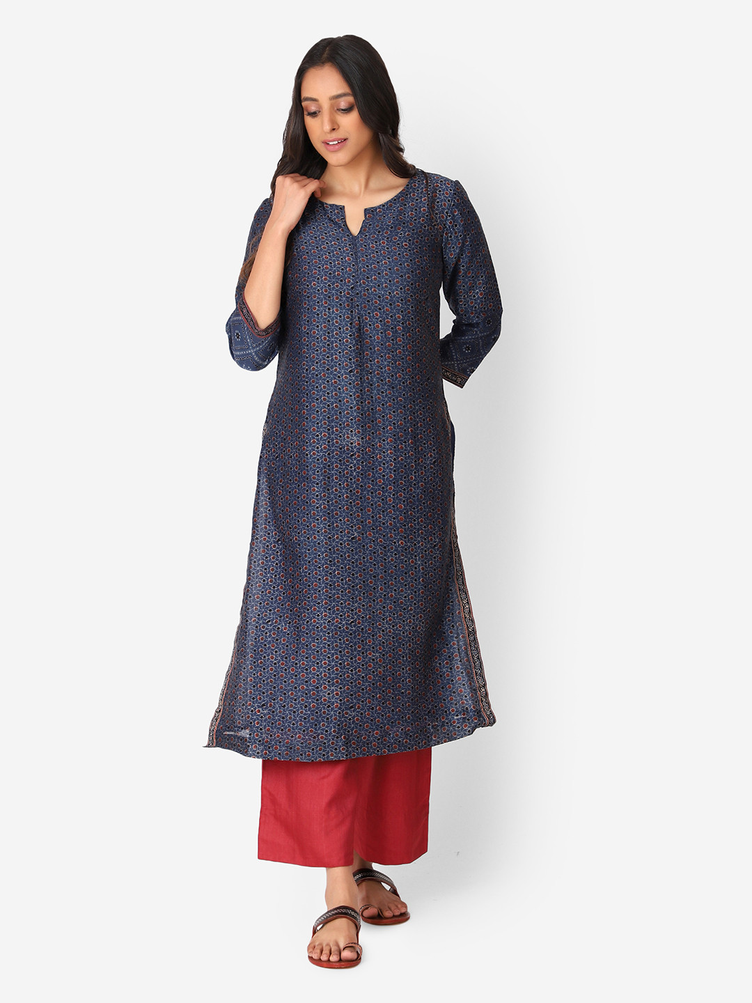 

Fabindia Women Navy Blue & Rust Orange Ethnic Motifs Handblocked Print Straight Kurta