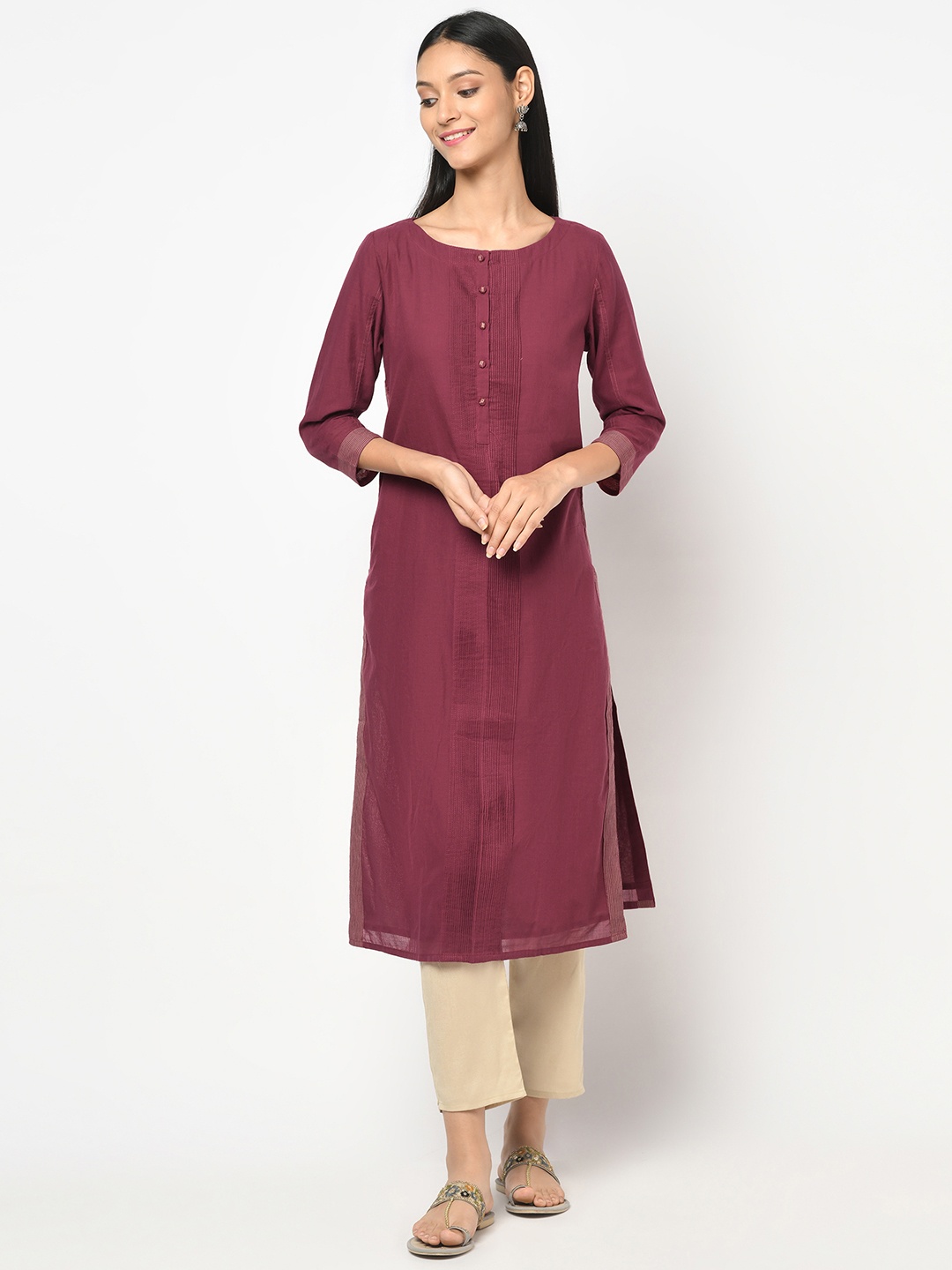 

Fabindia Women Burgundy Solid Cotton Pin-Tuck Pleated Straight Kurta