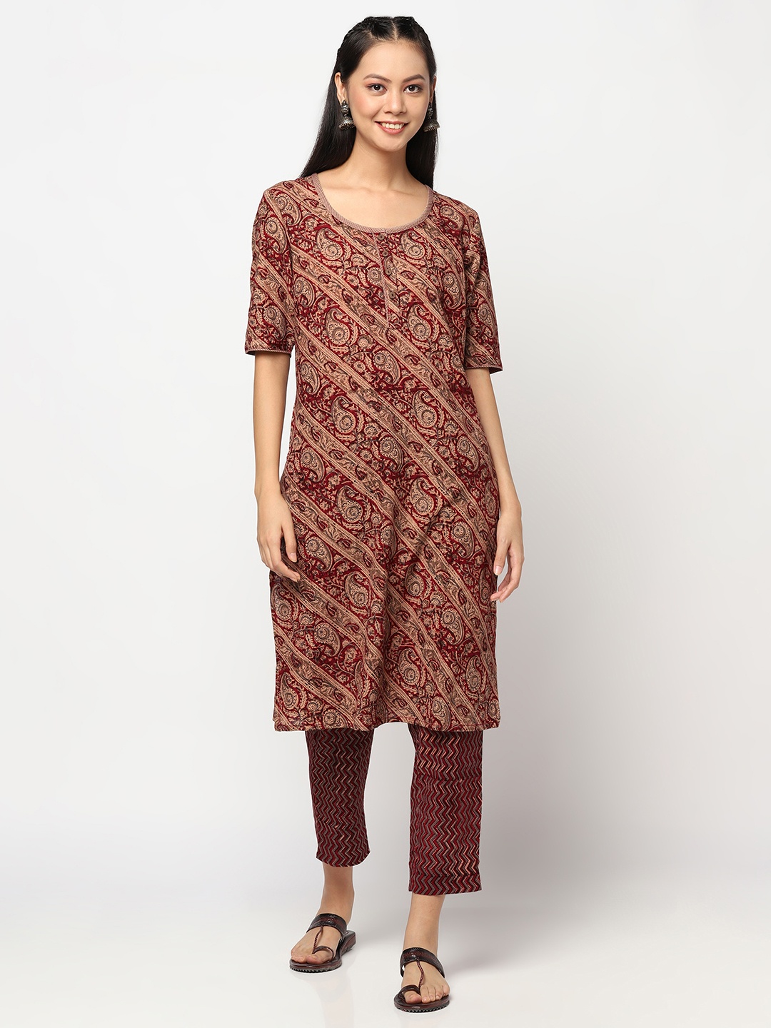 

Fabindia Women Beige Brown & Maroon Ethnic Motifs Regular Pure Cotton Kurta with Trousers