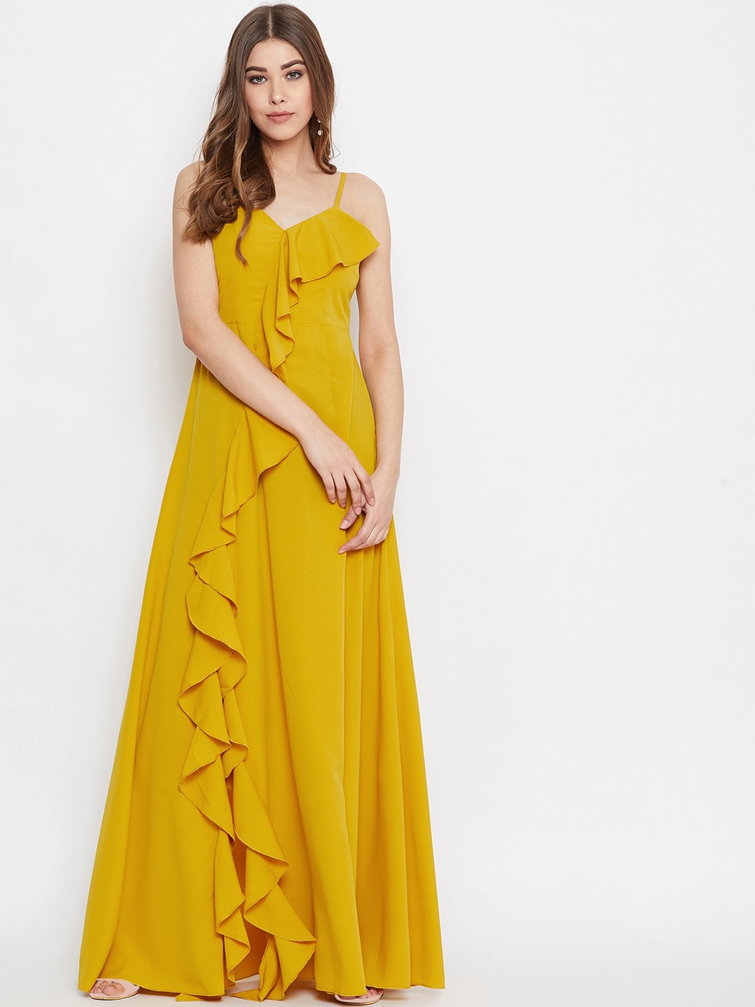 

Berrylush Yellow Crepe Maxi Dress With Ruffle Hemline