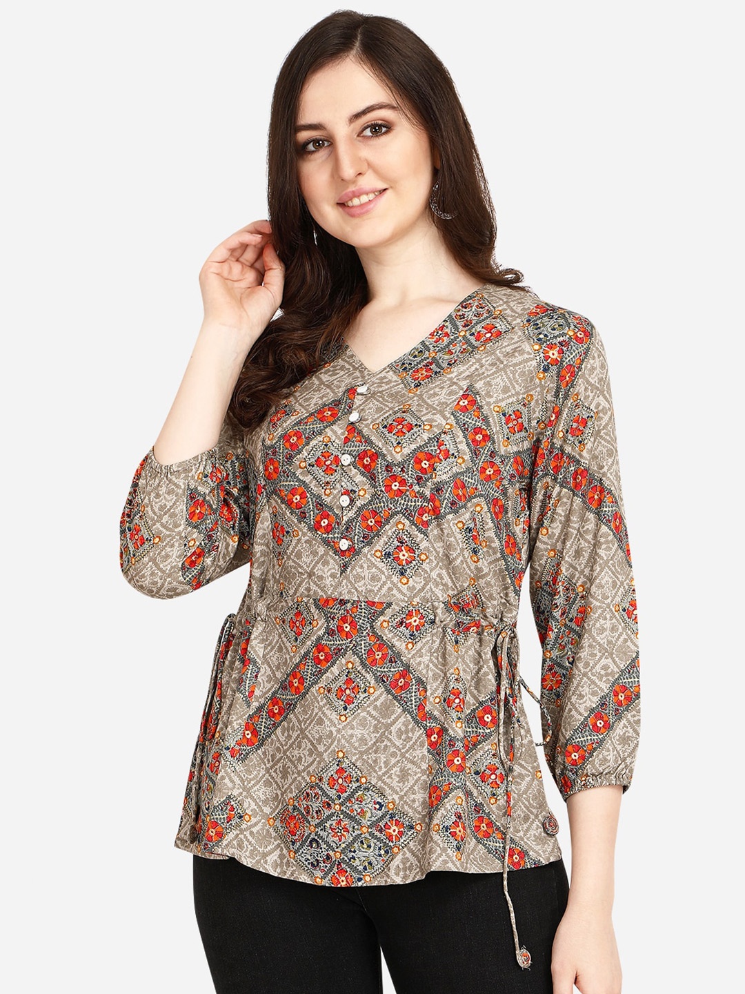 

OM SAI LATEST CREATION women Grey & Red Printed Regular Top