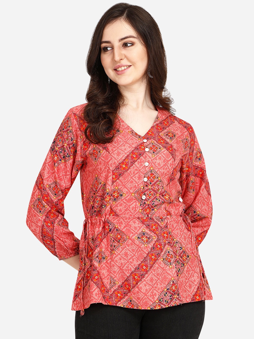 

OM SAI LATEST CREATION Red Printed Bohemian Wrap Top