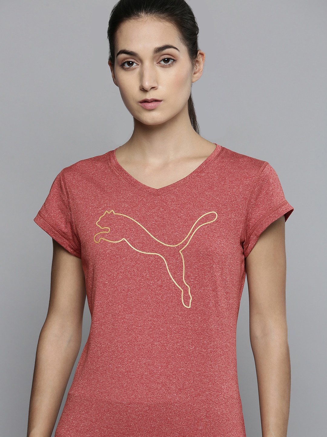 

Puma Women Red Brand Logo Printed Heather Cat Training T-shirt