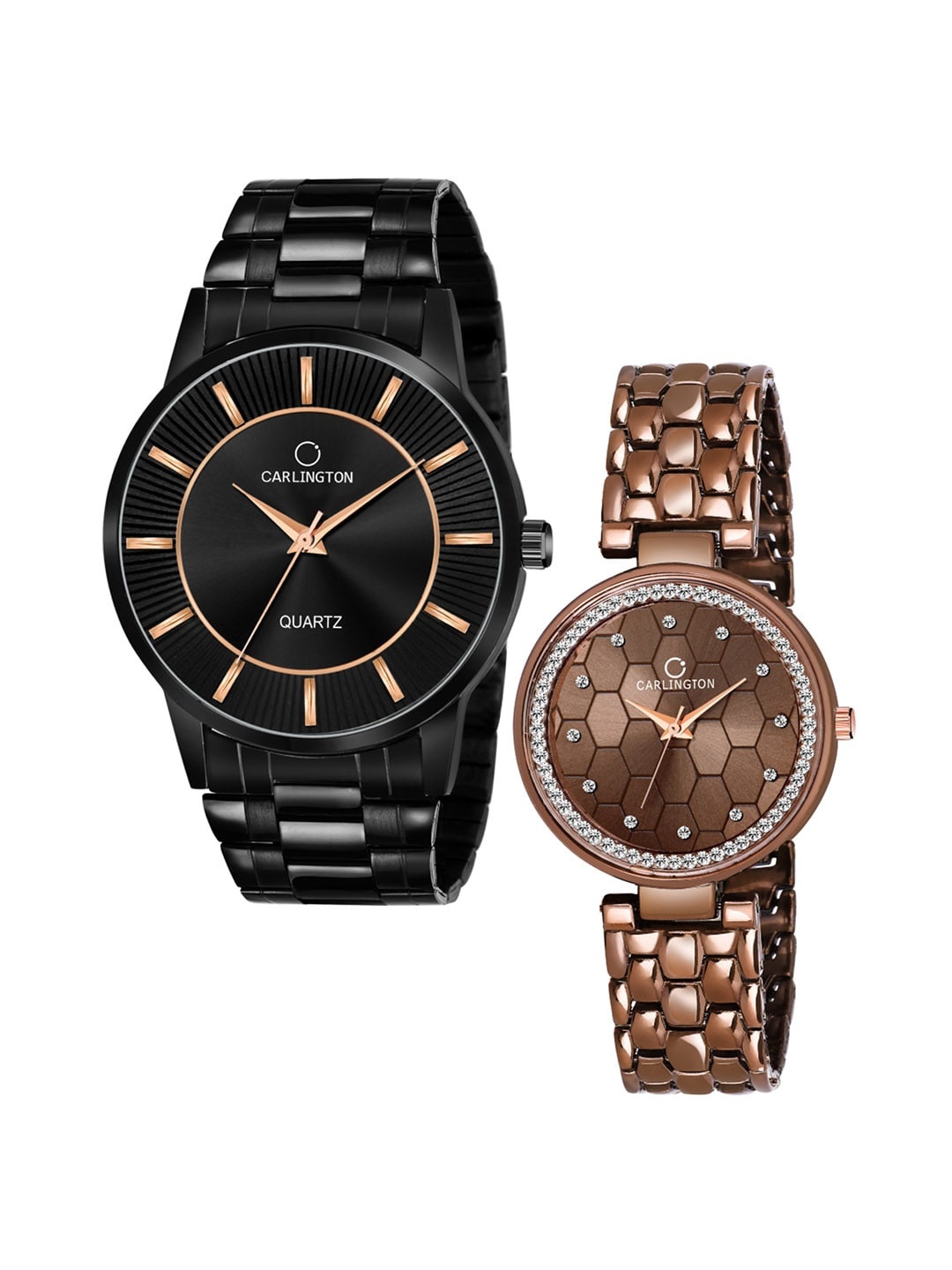 

CARLINGTON Unisex Set of 2 Analogue Watch - Combo CT-6020BB and Hexa Brown, Black