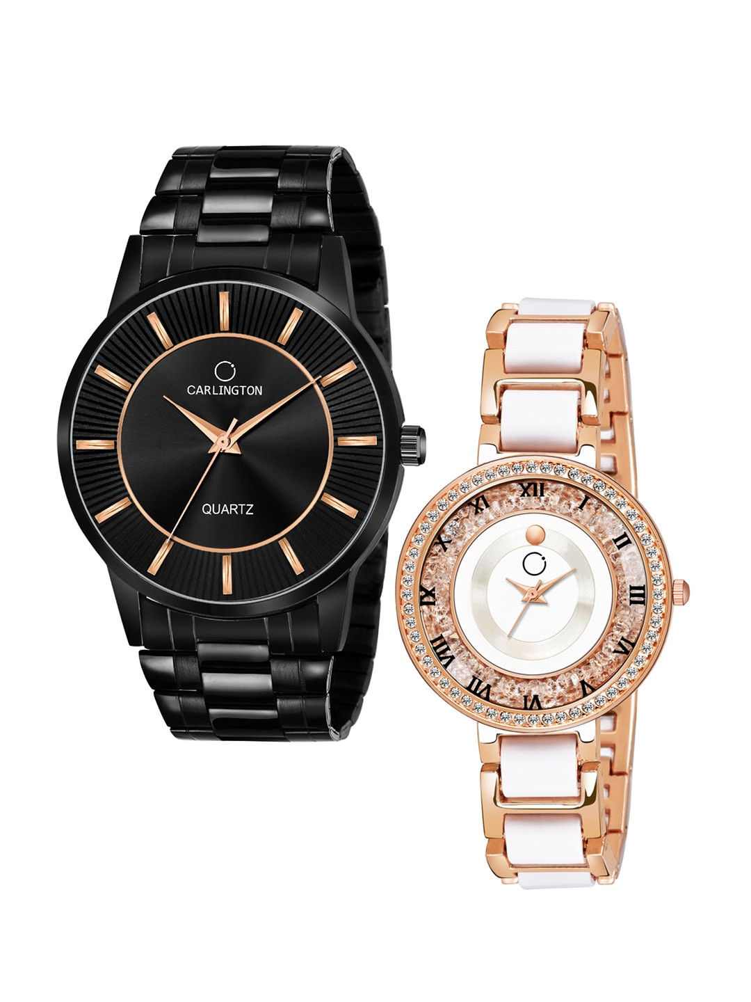 

CARLINGTON Unisex Set of 2 Analogue Watch - Combo CT-6020BB and Mova RoseWhite, Black