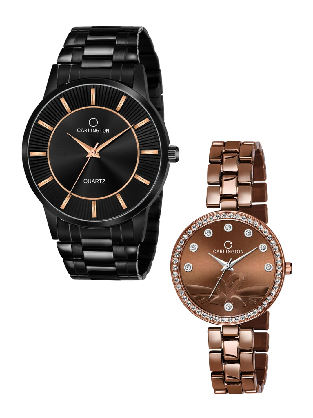 

CARLINGTON Unisex Set of 2 Analogue Watch - Combo CT-6020BB and Duck Brown, Black