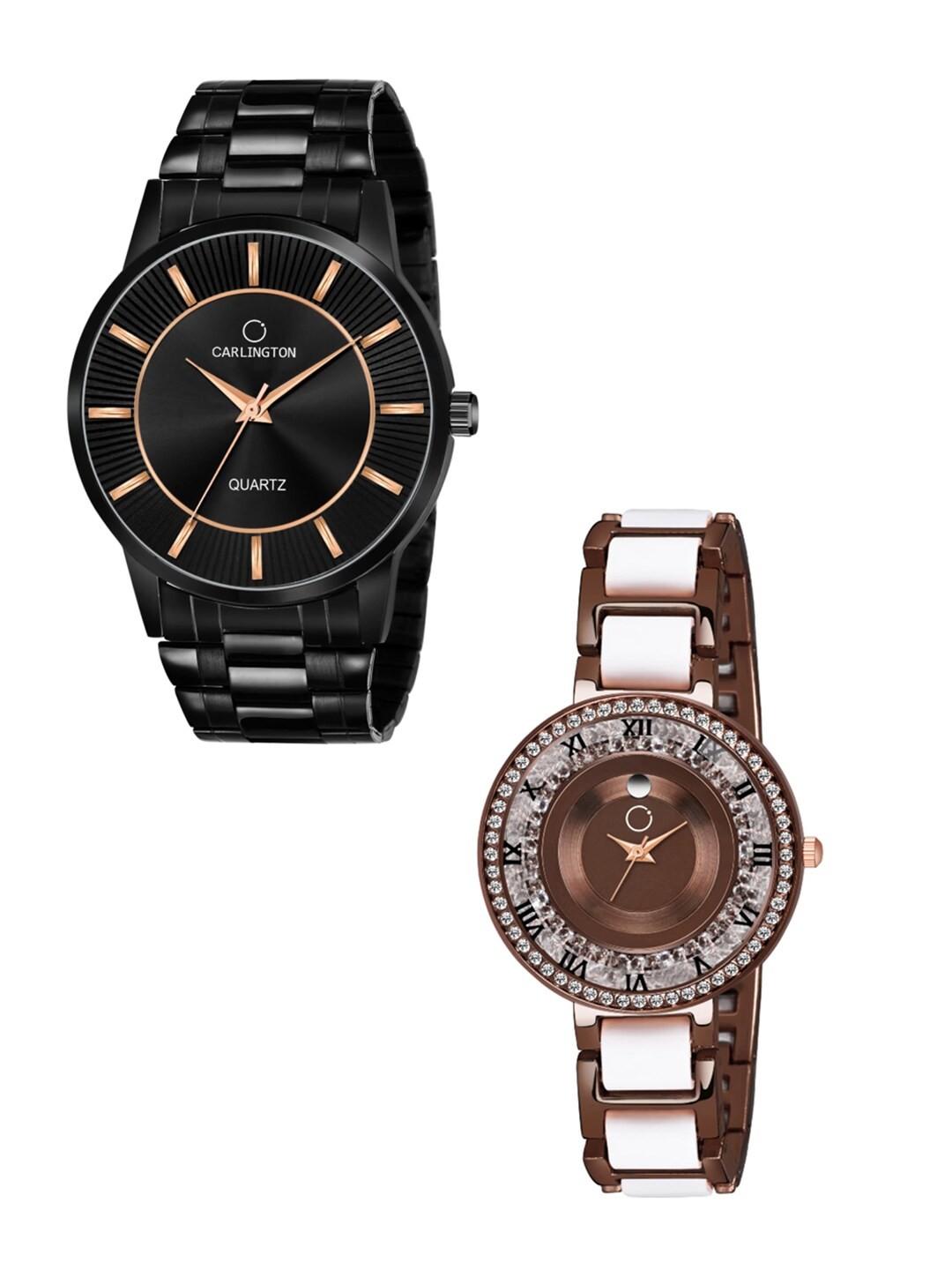 

CARLINGTON His & Her Brass Embellished Dial & Multicoloured Stainless Steel Straps Watch, Black