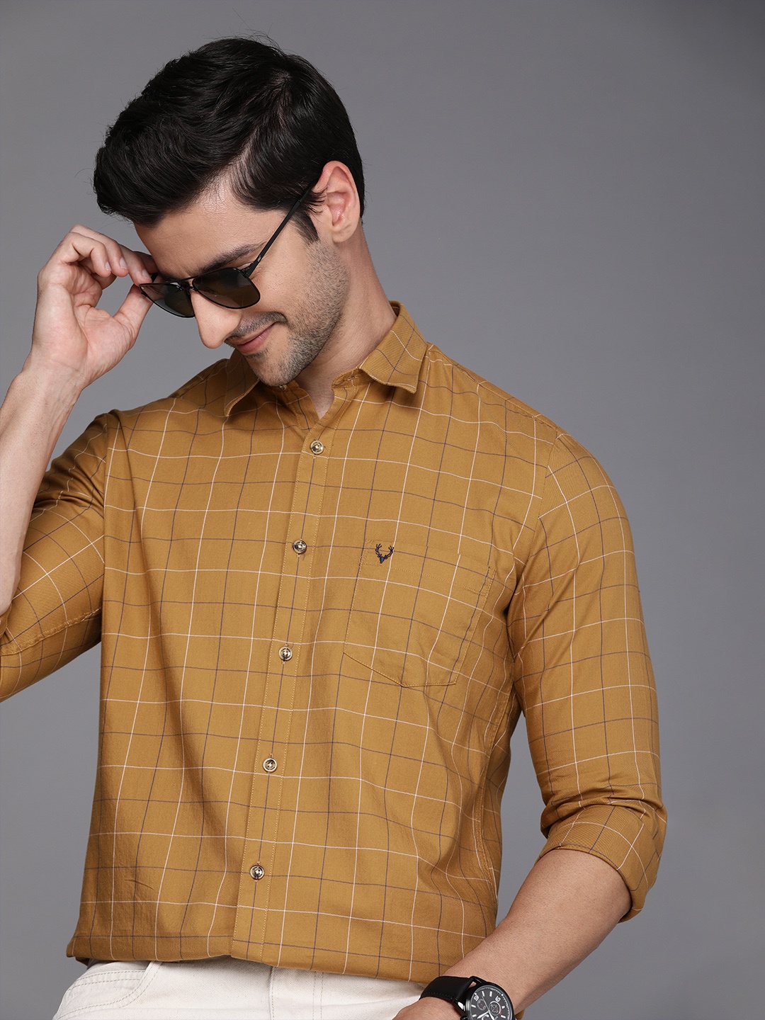 

Allen Solly Men Mustard Slim Fit Windowpane Checks Opaque Casual Shirt