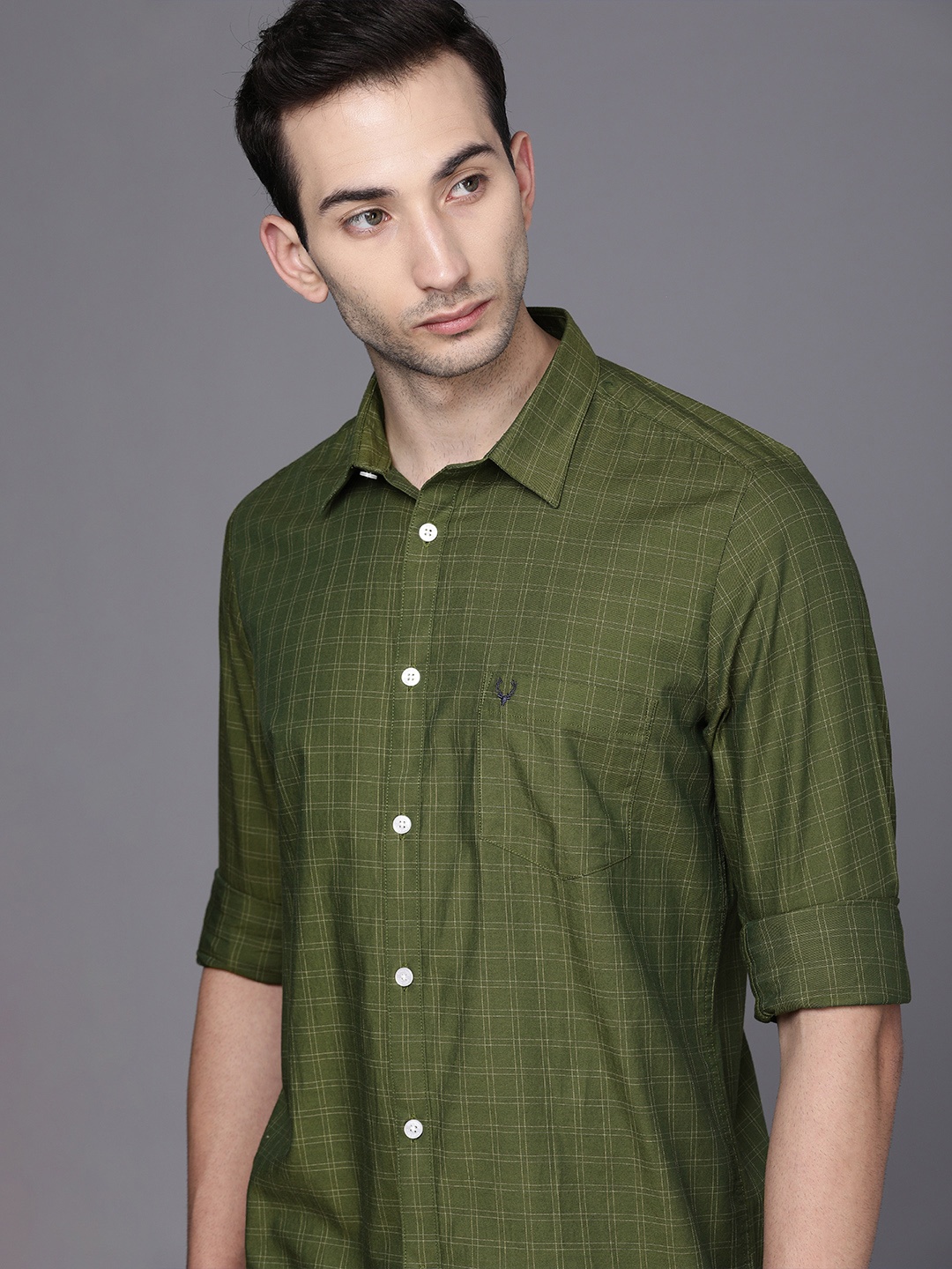 

Allen Solly Men Olive Green Slim Fit Grid Tattersall Checks Brand Logo Pure Cotton Shirt