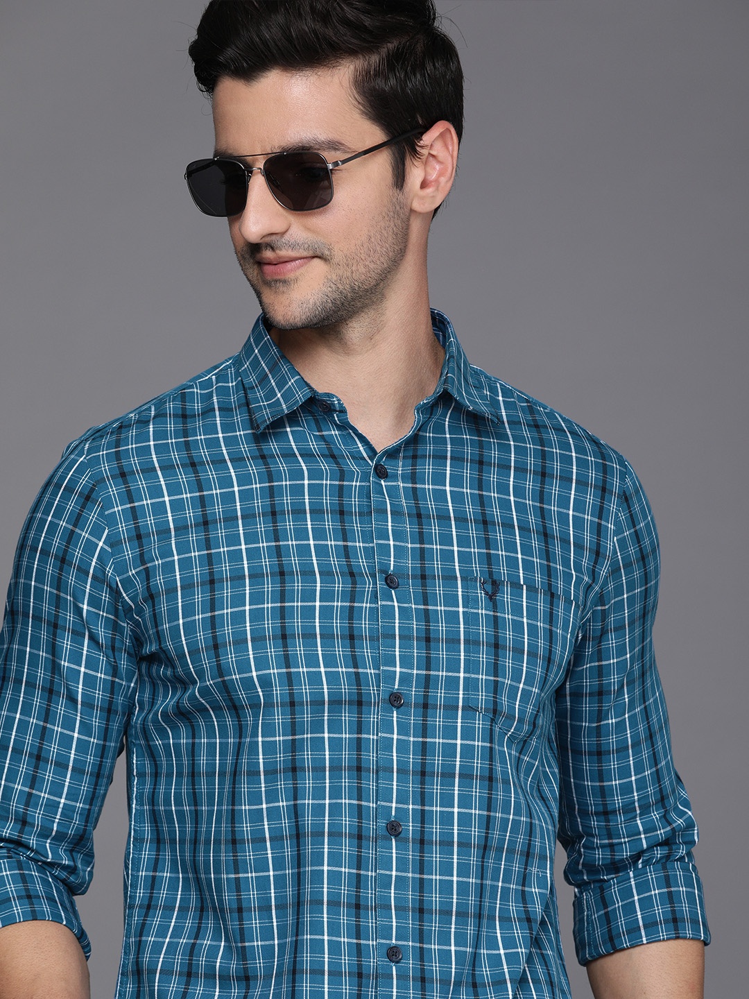 

Allen Solly Men Blue & White Slim Fit Pure Cotton Checked Casual Shirt