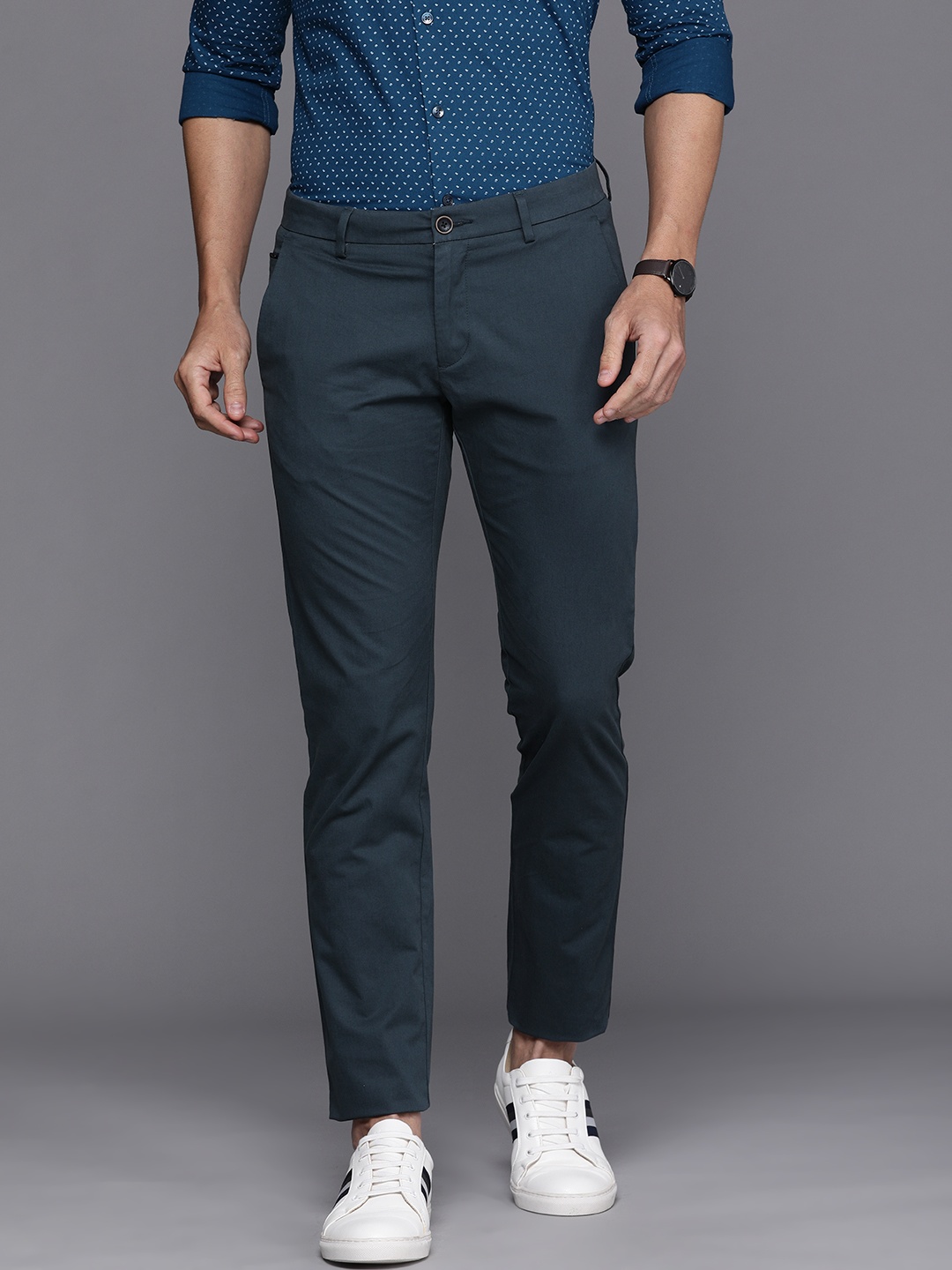 

Allen Solly Men Teal Green Solid Slim Fit Regular Trousers