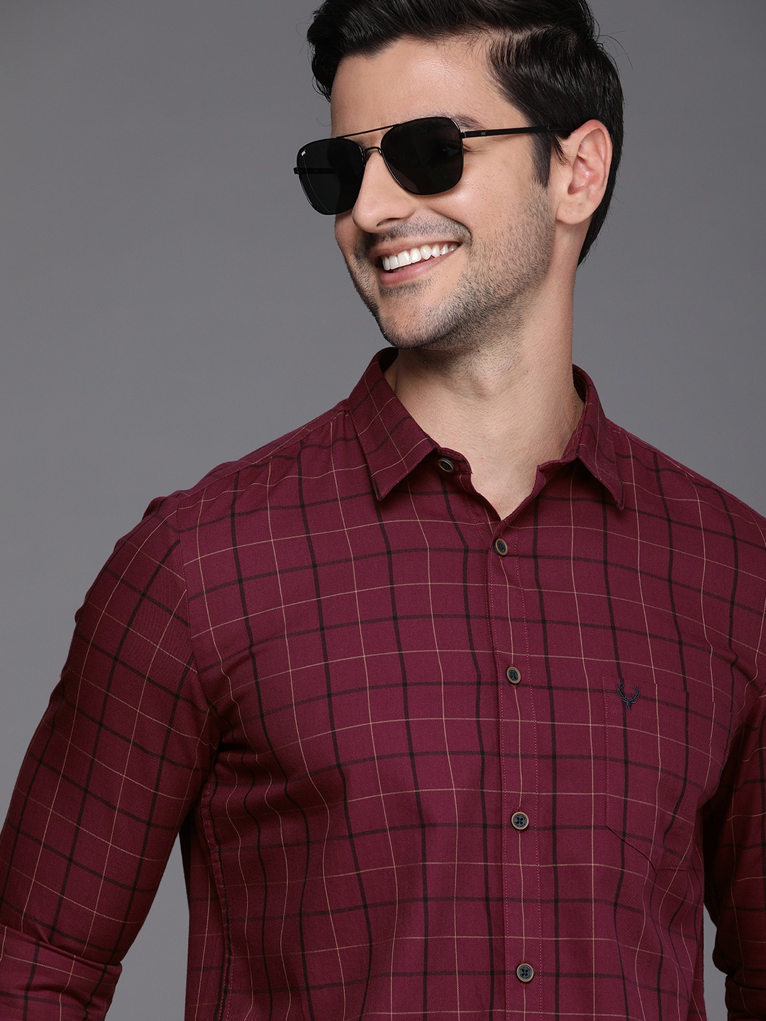 

Allen Solly Men Burgundy Slim Fit Windowpane Checks Opaque Pure Cotton Casual Shirt