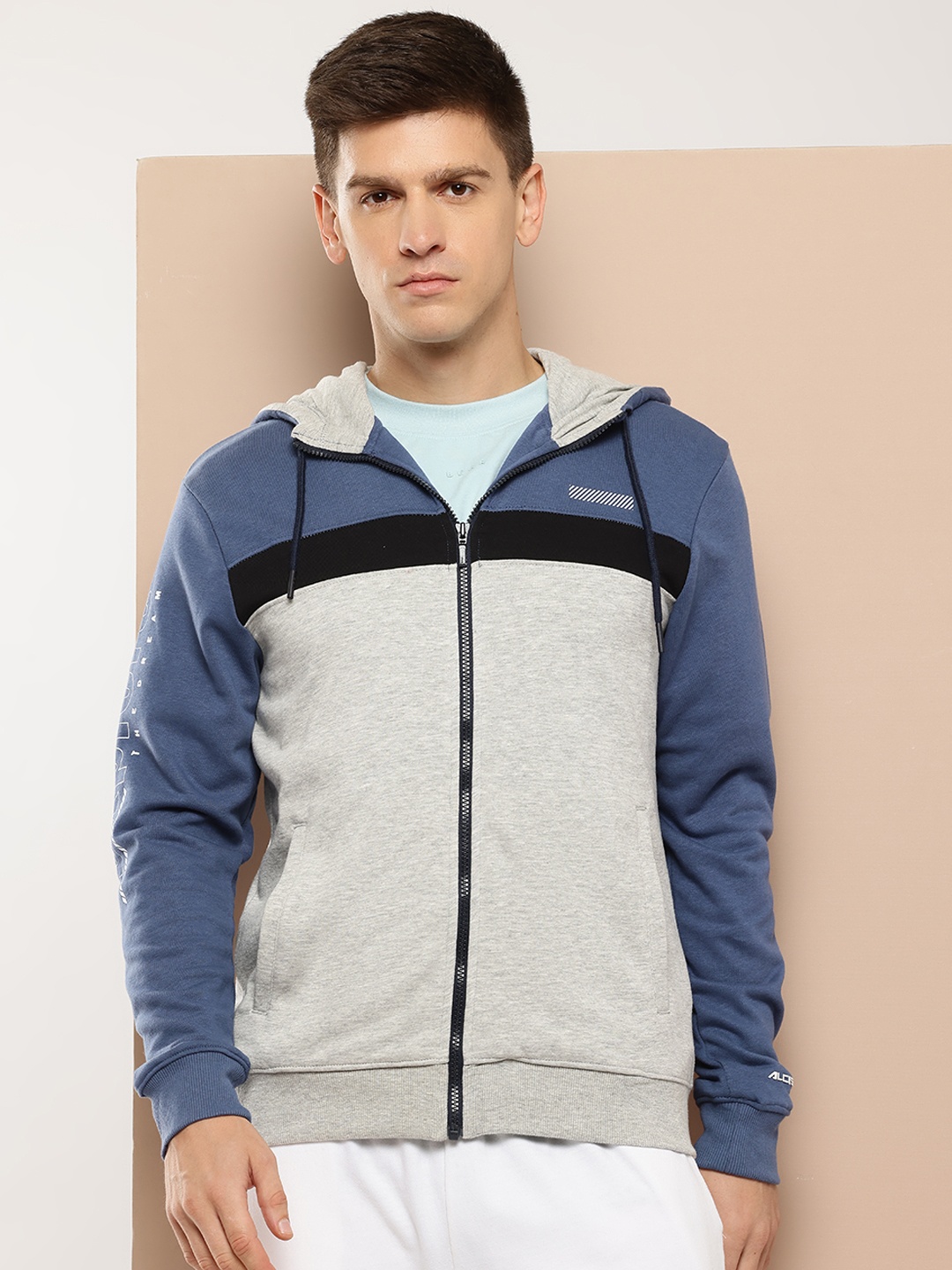 

Alcis Men Grey Melange & Navy Blue Cotton Colourblocked Hooded Sweatshirt
