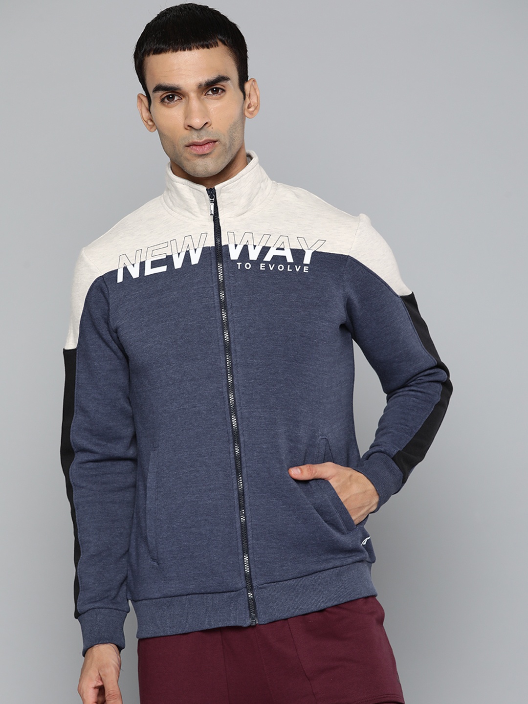 

Alcis Men Navy Blue & Grey Melange Cotton Colourblocked Sweatshirt