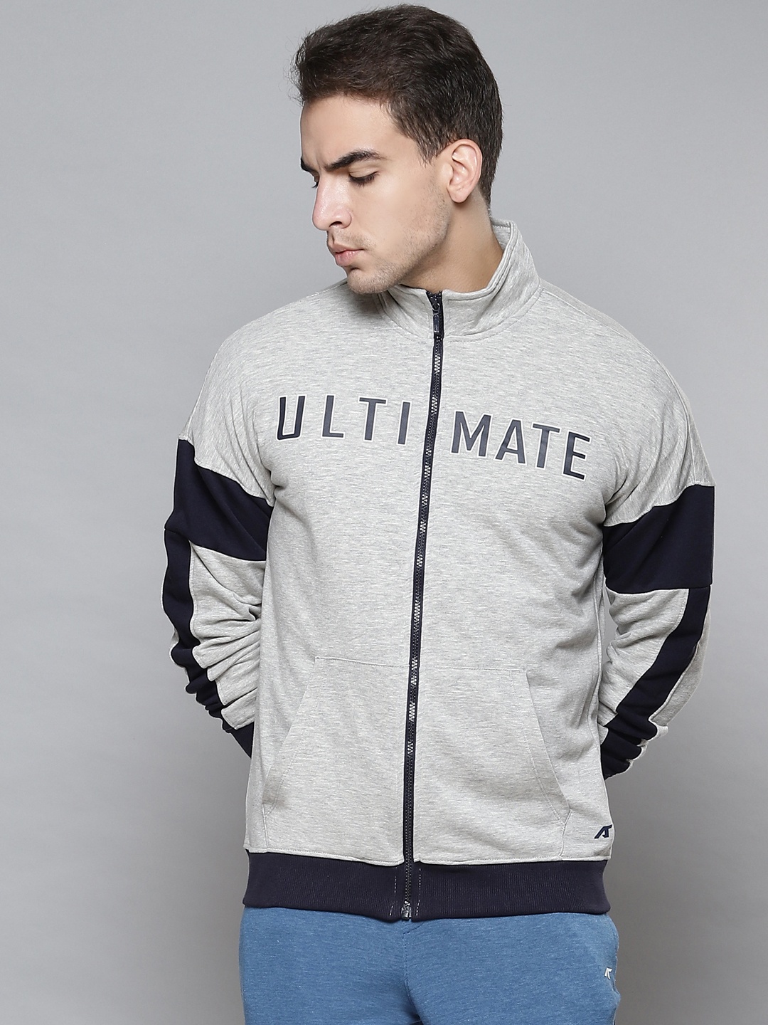 

Alcis Men Grey & Navy Blue Colourblocked Typography Cotton Sporty Jacket