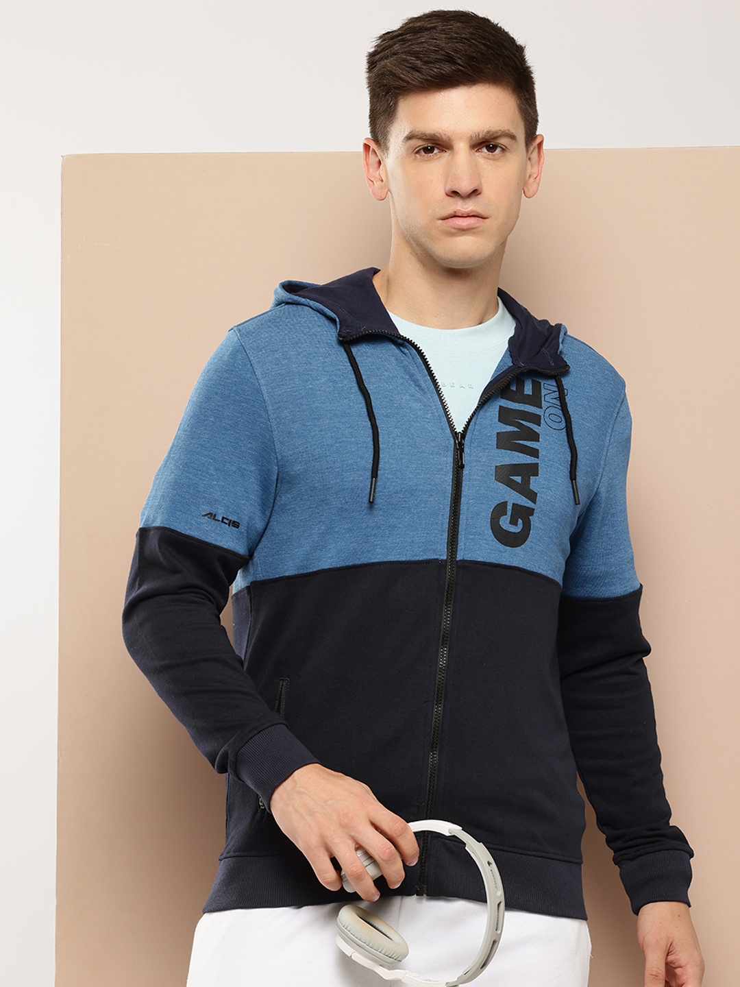 

Alcis Men Blue Cotton Colourblocked Hooded Sweatshirt