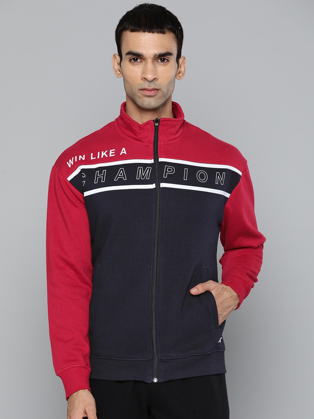 

Alcis Men Navy Blue & Red Cotton Colourblocked Sweatshirt