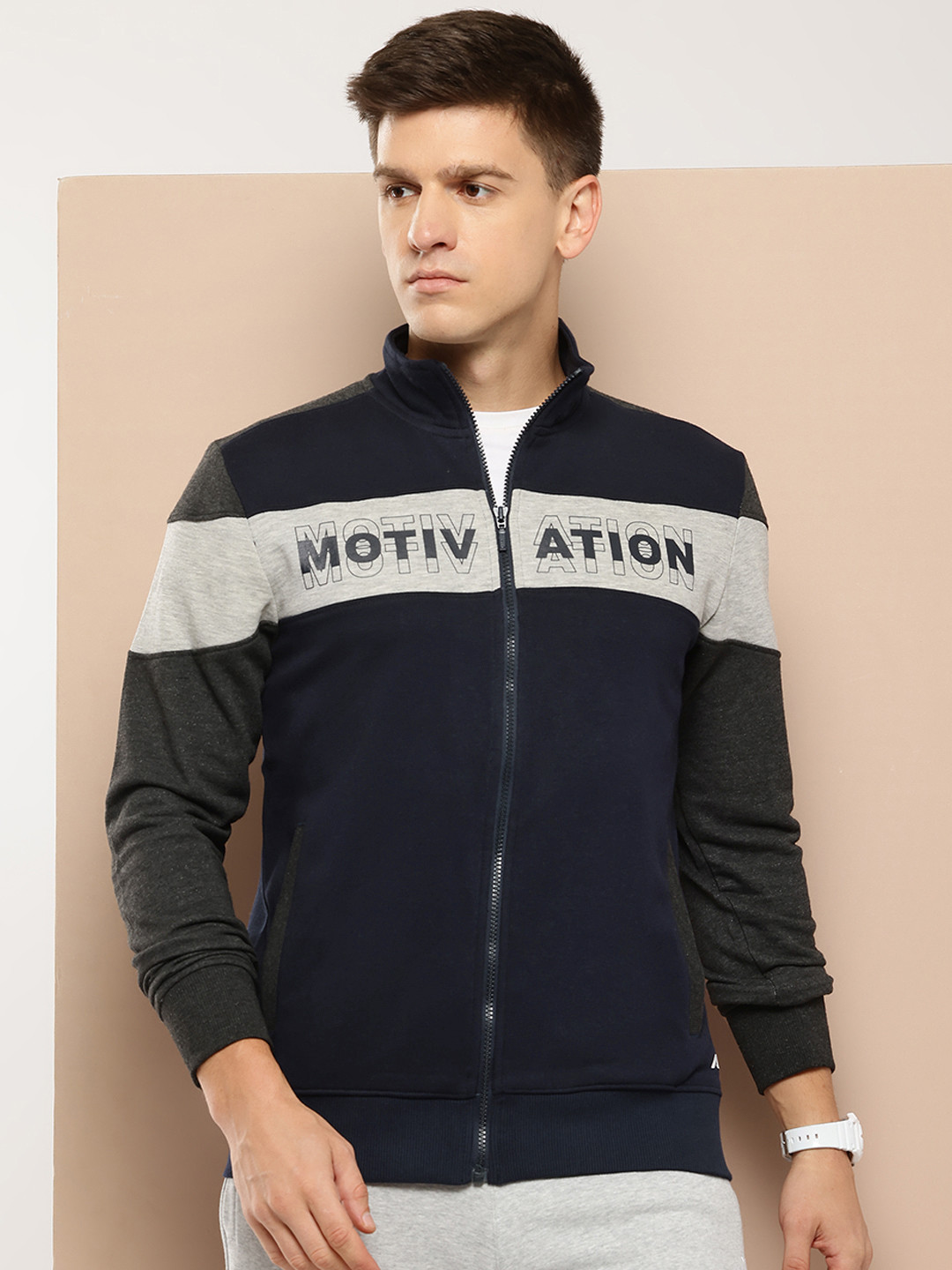 

Alcis Men Navy Blue & Grey Colourblocked Typography Cotton Sporty Jacket