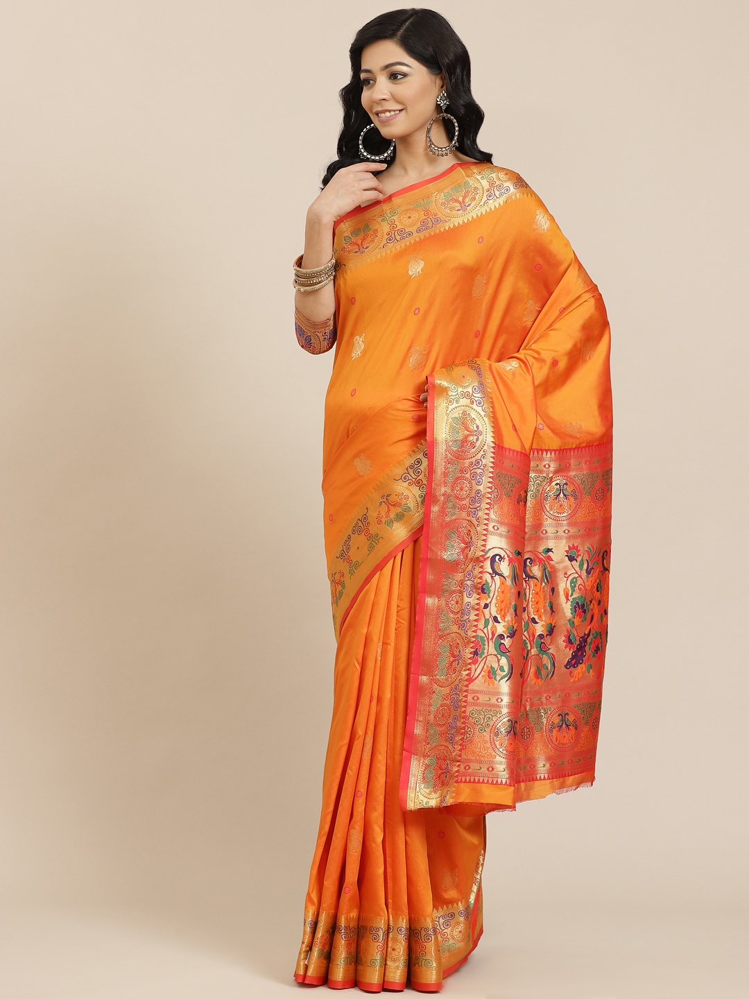 

SHANGRILA Orange & Red Floral Pure Silk Ready to Wear Saree