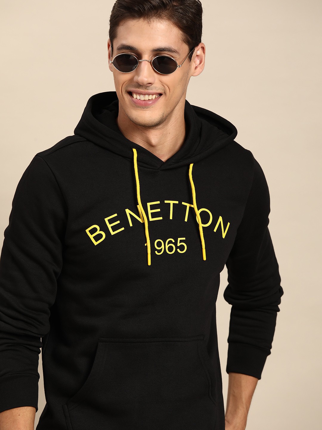 

United Colors of Benetton Men Black & Yellow Printed Hooded Sweatshirt